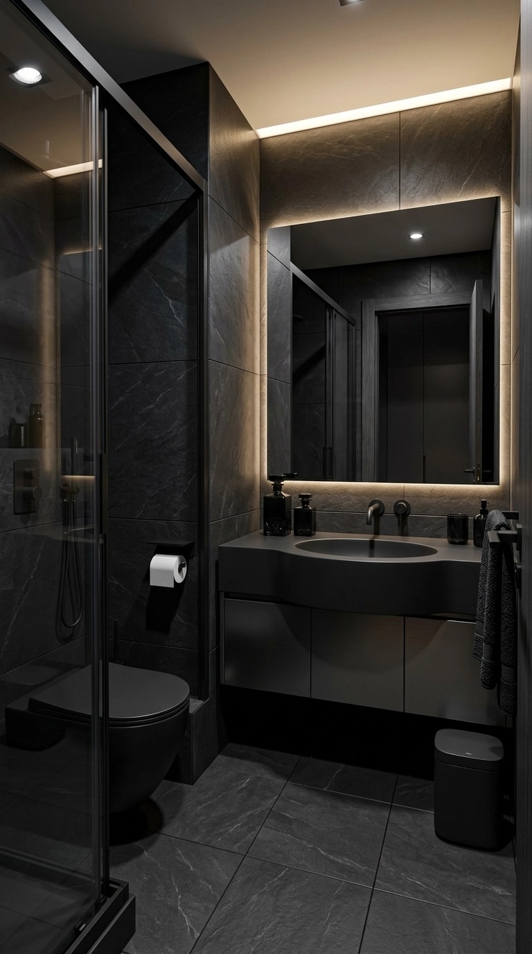 Bathroom interior in Blacktec style — photo by GenRoom AI