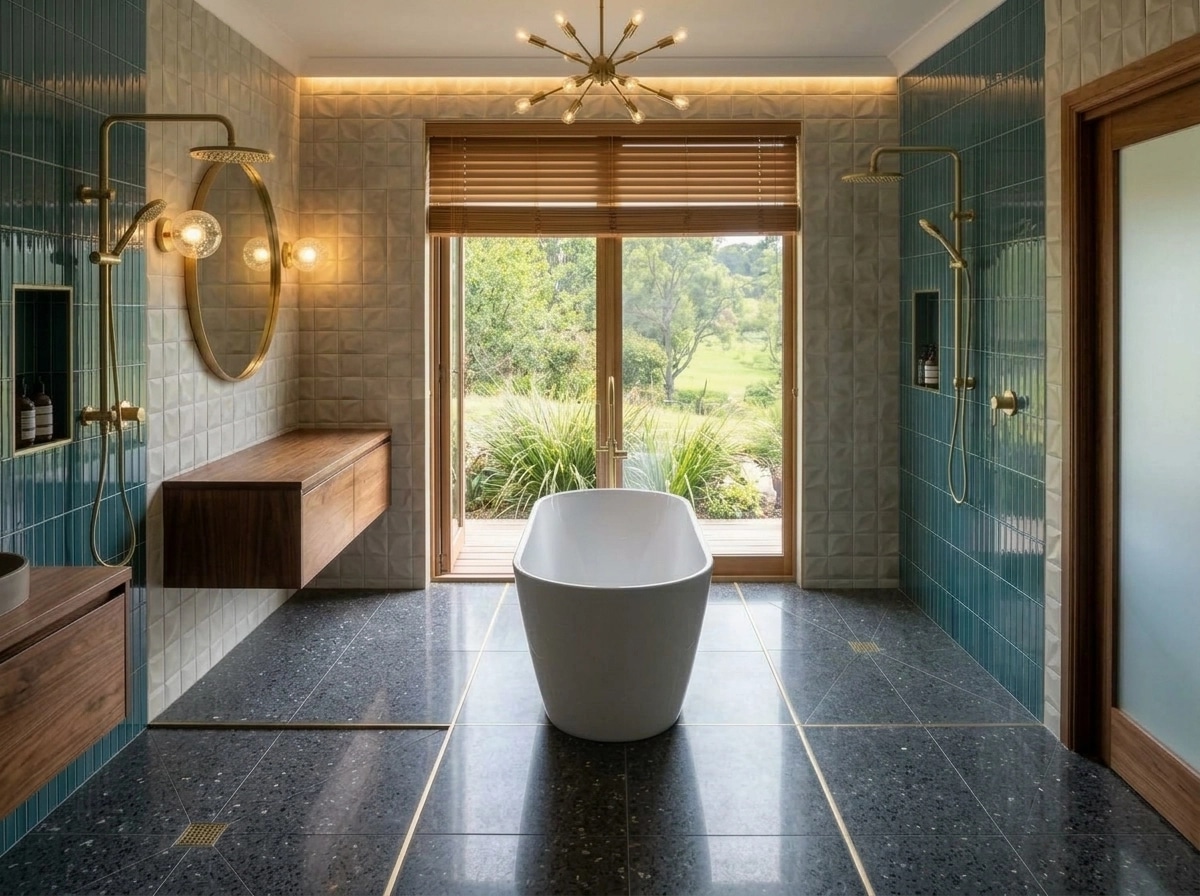 Bathroom interior in Mid-Century Modern style — photo by GenRoom AI