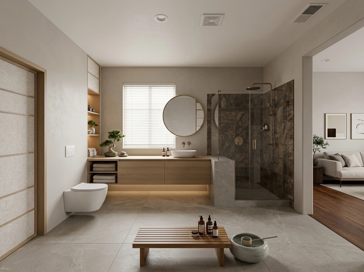 Bathroom interior in Japandi style — photo by GenRoom AI