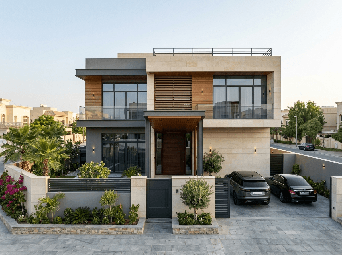 Design della facciata in stile Contemporary Facade — Facciata di GenRoom AI