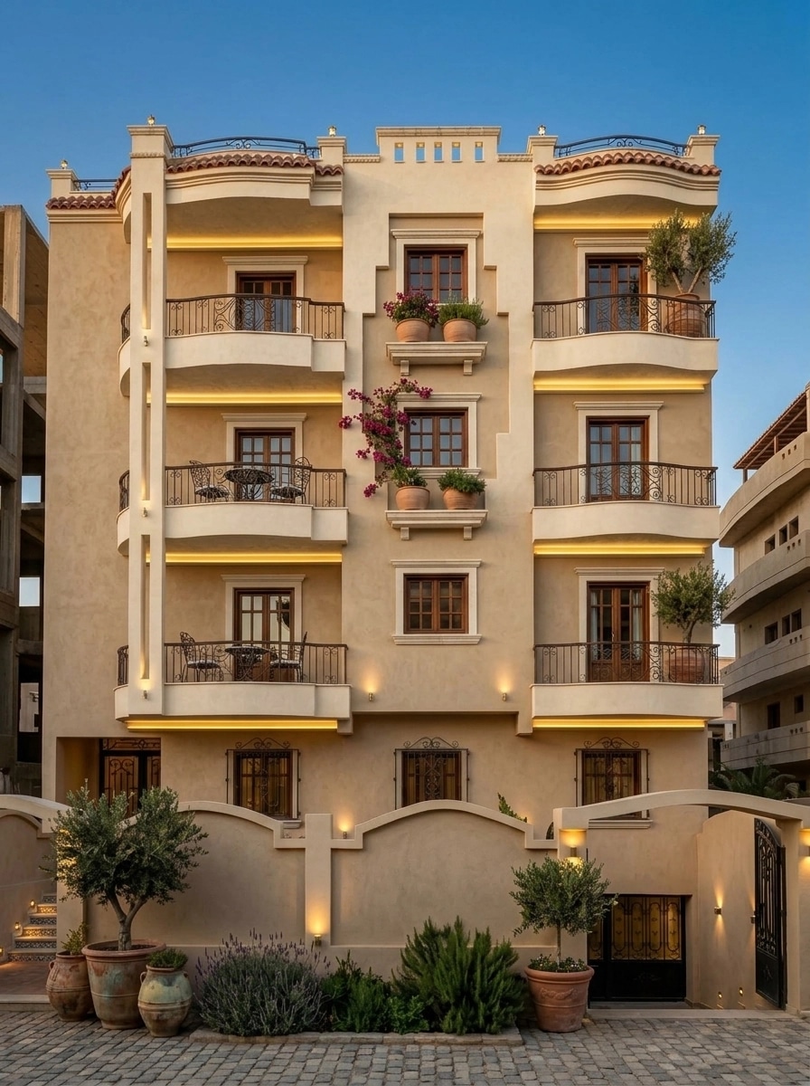 Facade design in Mediterranean Facade style — photo by GenRoom AI