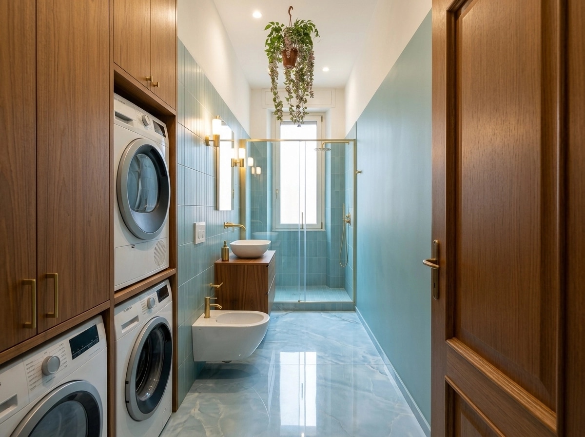 Bathroom interior in Mid-Century Modern style — photo by GenRoom AI