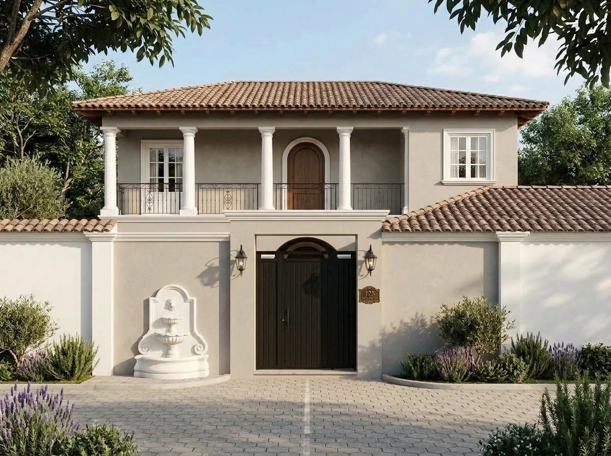 Facade design in Mediterranean Facade style — photo by GenRoom AI