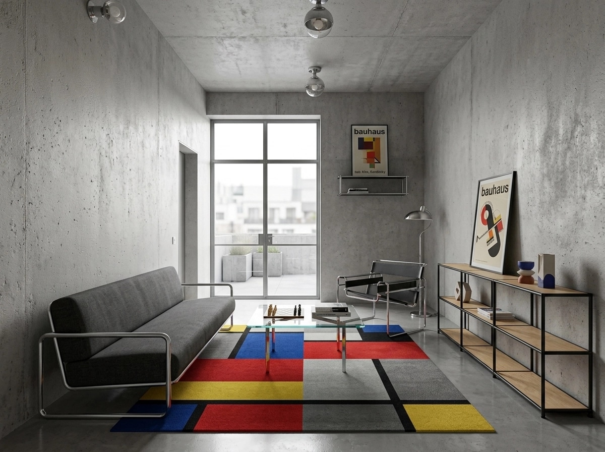 التصميم الداخلي بنمط Bauhaus — غرفة المعيشة من GenRoom AI