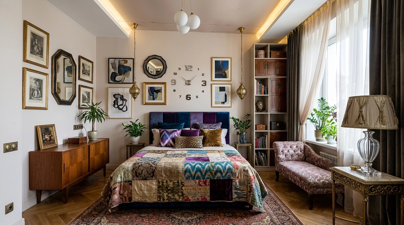 İç mekân tasarımı Eclectic stili — Yatak Odası GenRoom AI