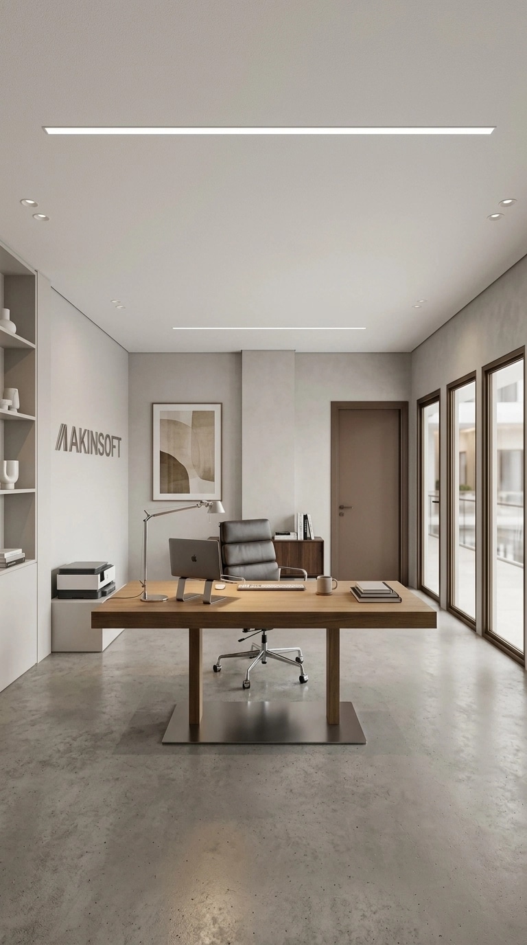 Office interior in Minimalism style — photo by GenRoom AI
