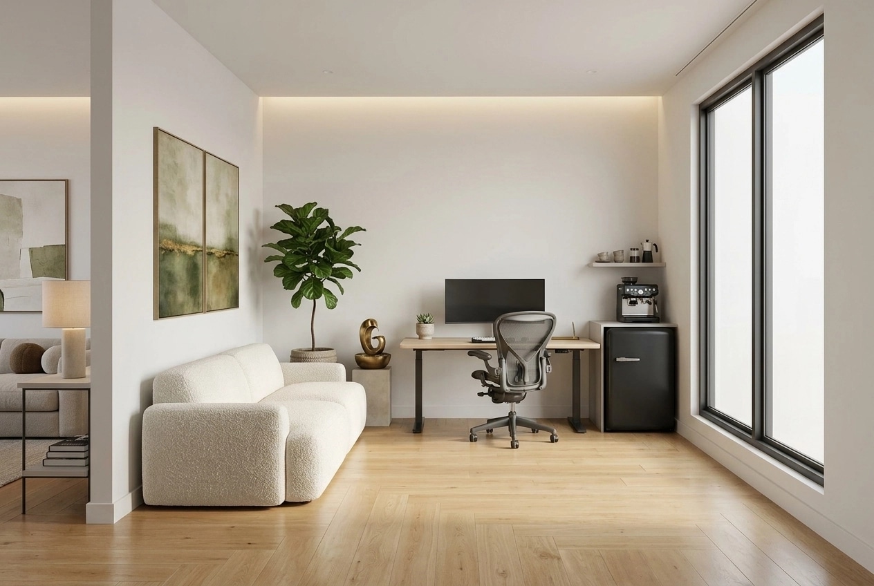 Office interior in Minimalism style — photo by GenRoom AI