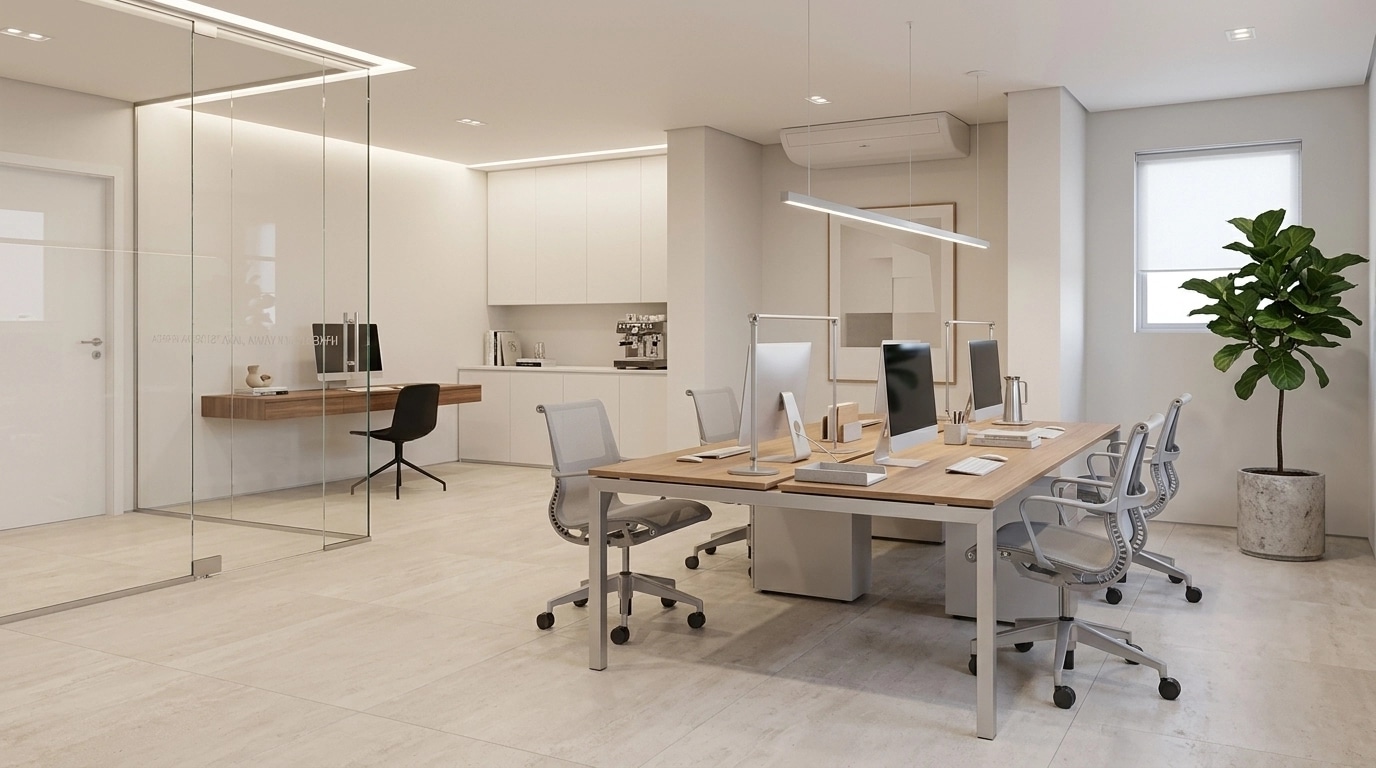 Office interior in Minimalism style — photo by GenRoom AI