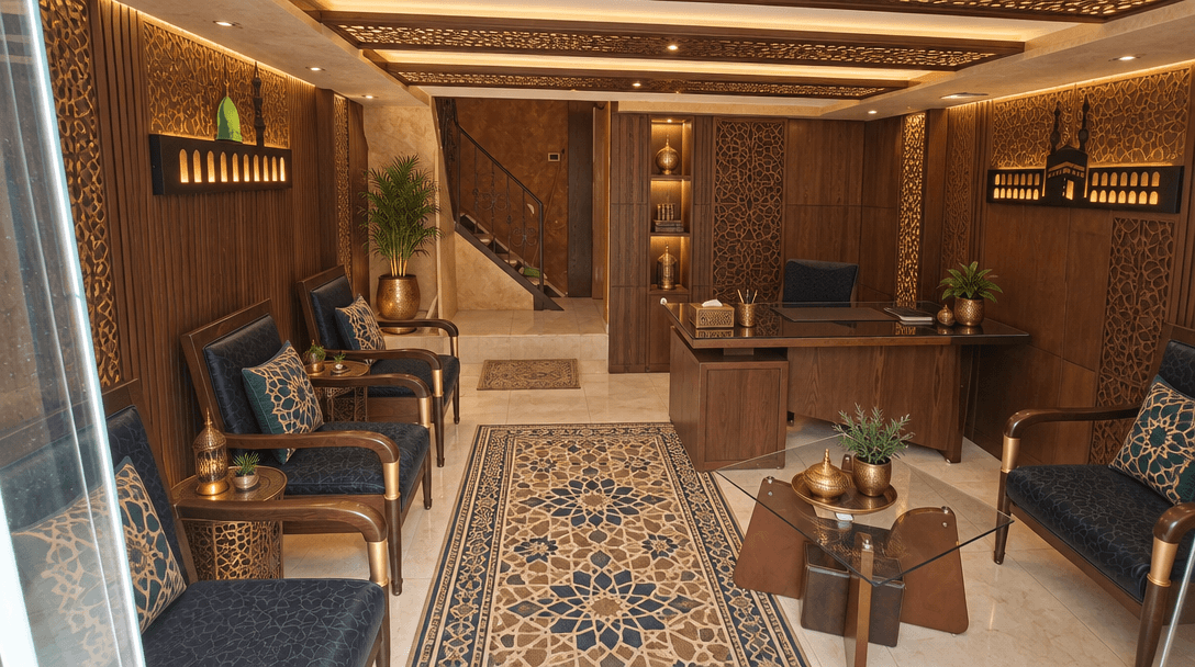 Office interior in Islamic Geometric style — photo by GenRoom AI