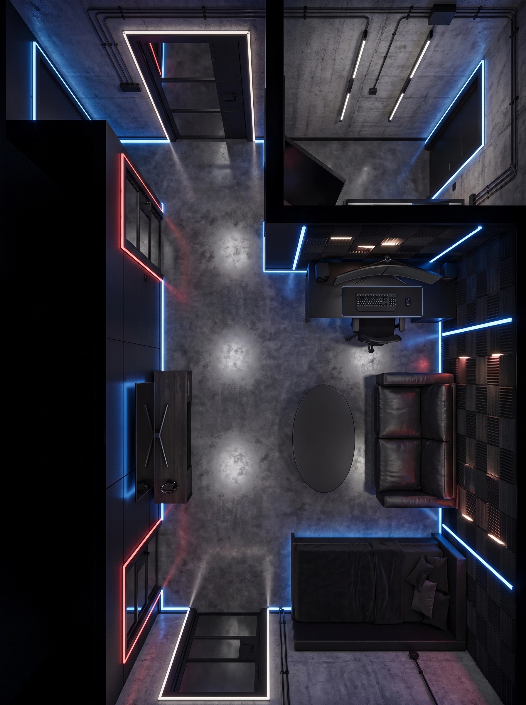 التصميم الداخلي بنمط Blacktec — غرفة المعيشة من GenRoom AI