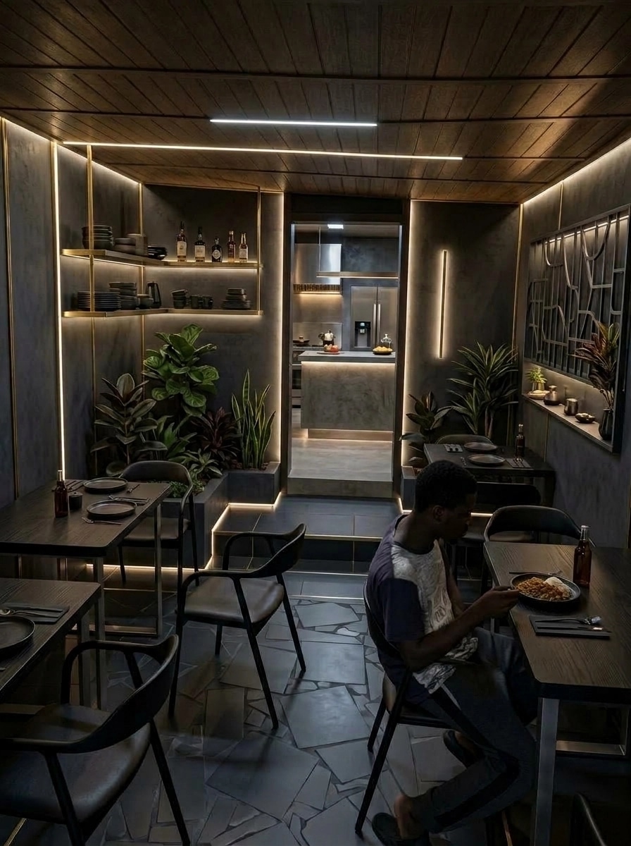 Interior design in Blacktec style — restaurant by GenRoom AI