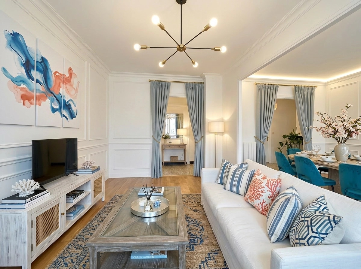 Интерьер дизайны Coastal / Hamptons стилінде — GenRoom AI жасаған Қонақ бөлме