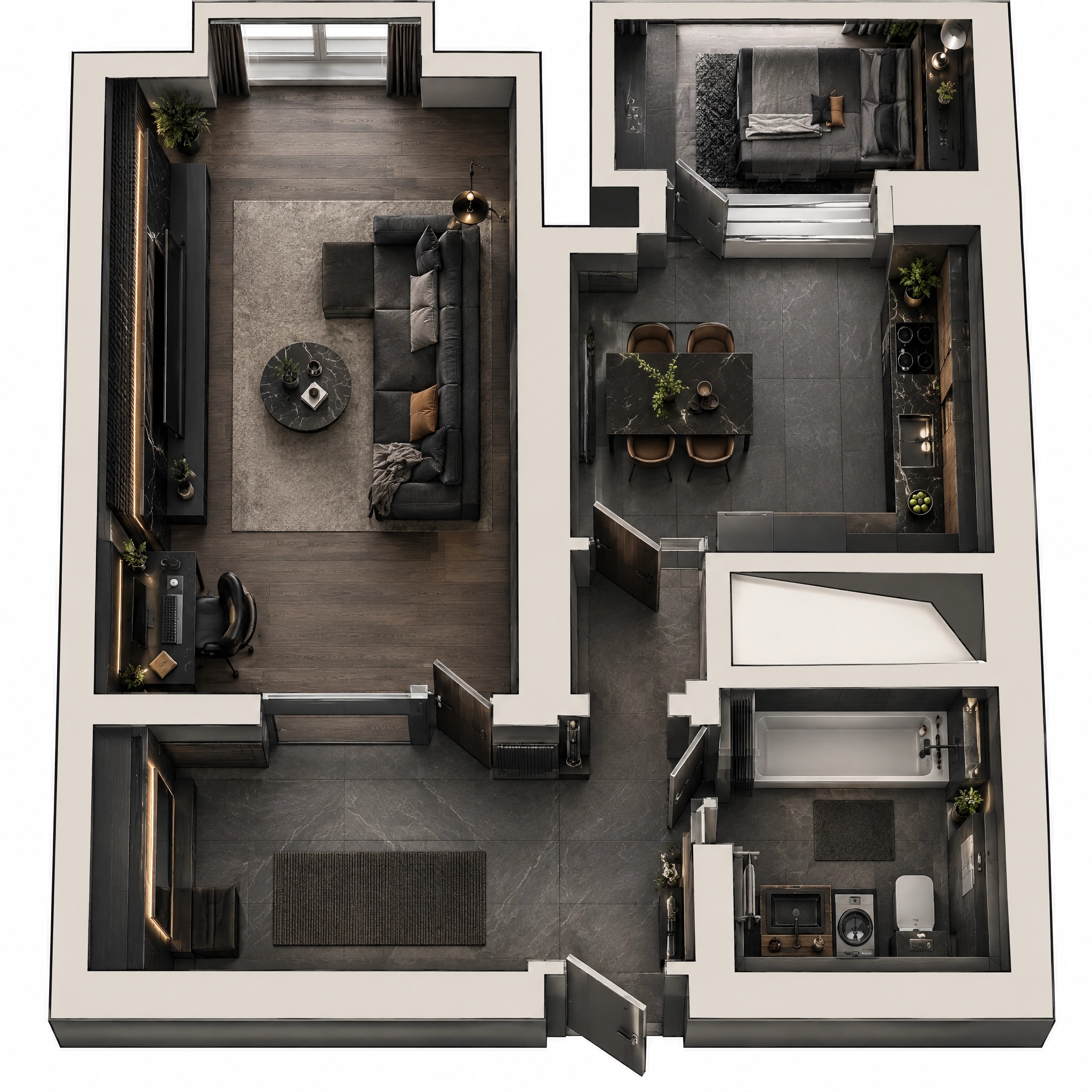 Design d'interni in stile Blacktec — Soggiorno di GenRoom AI