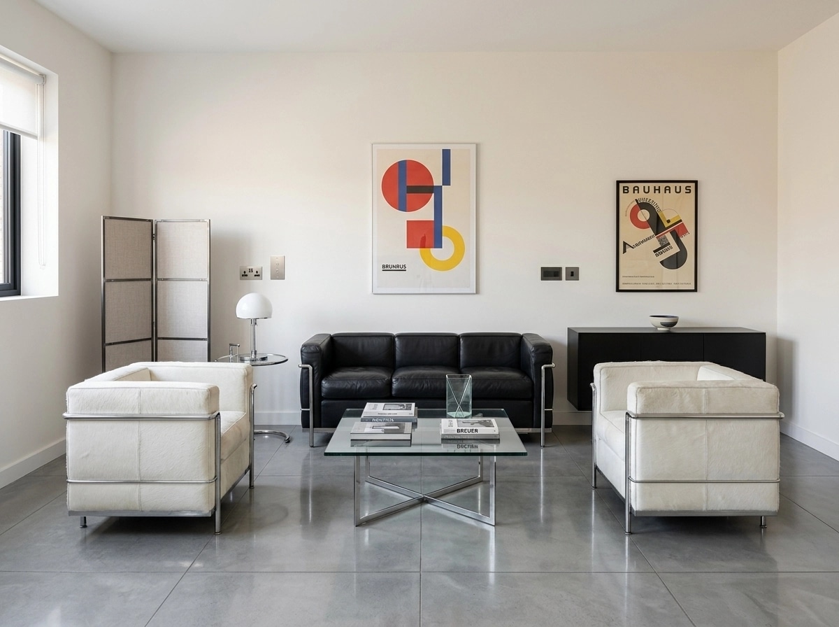 التصميم الداخلي بنمط Bauhaus — غرفة المعيشة من GenRoom AI