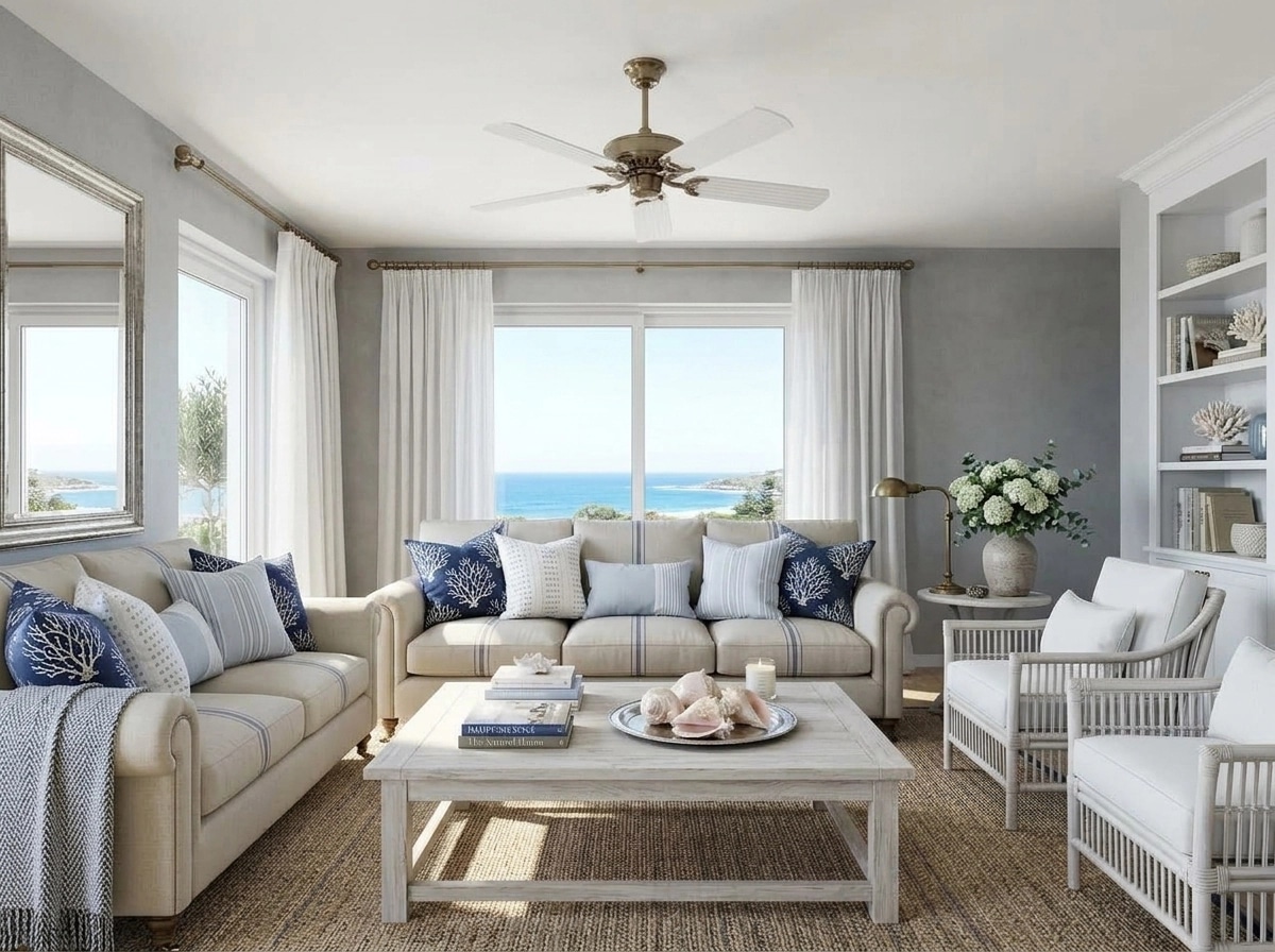 Coastal / Hamptons Sala de Estar design — interior photo by GenRoom AI