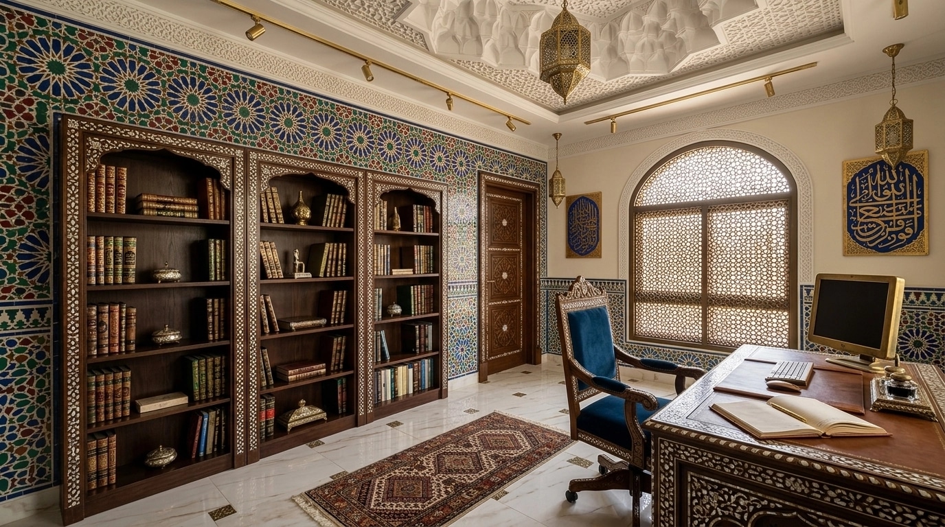 Office interior in Islamic Geometric style — photo by GenRoom AI