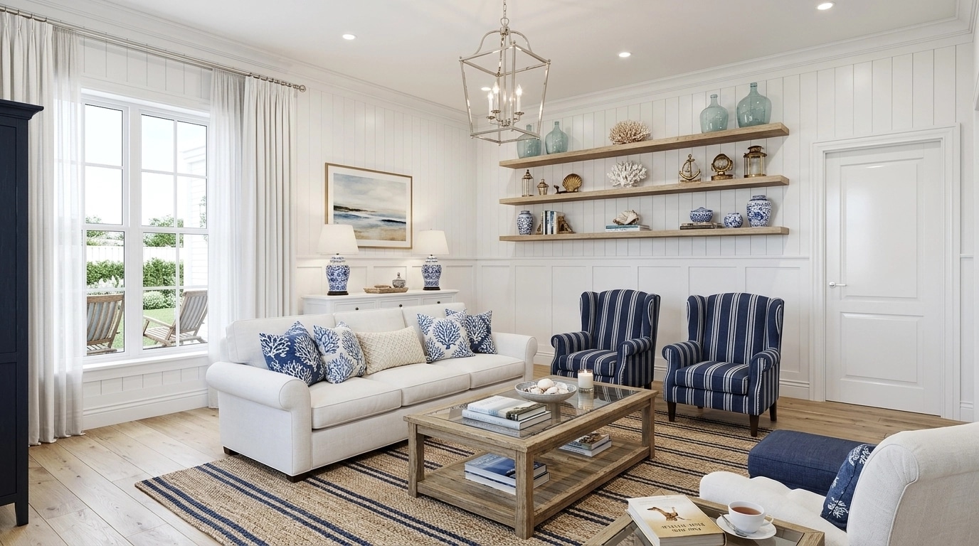 Interior design in Coastal / Hamptons style — Living Room by GenRoom AI