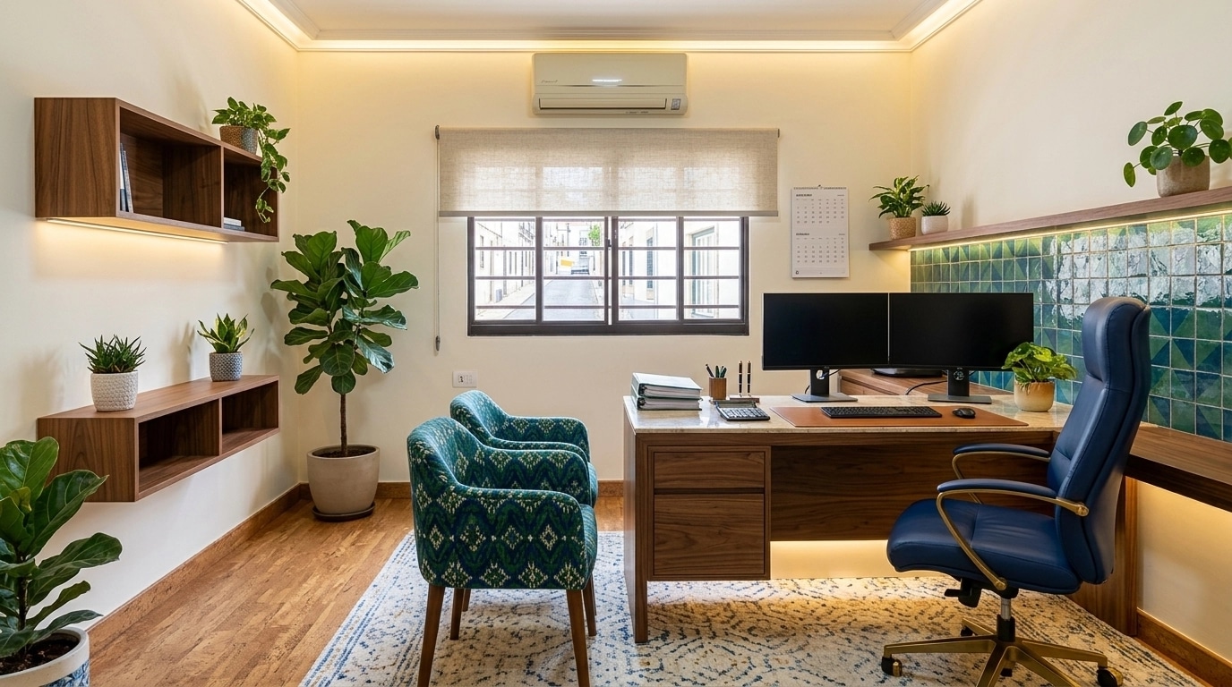 Office interior in Portuguese Modern style — photo by GenRoom AI