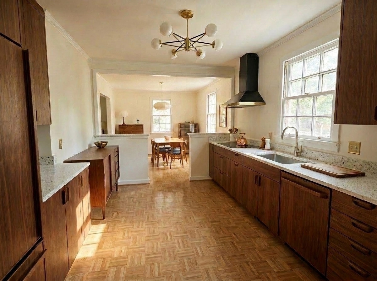 Kitchen interior in Mid-Century Modern style — photo by GenRoom AI