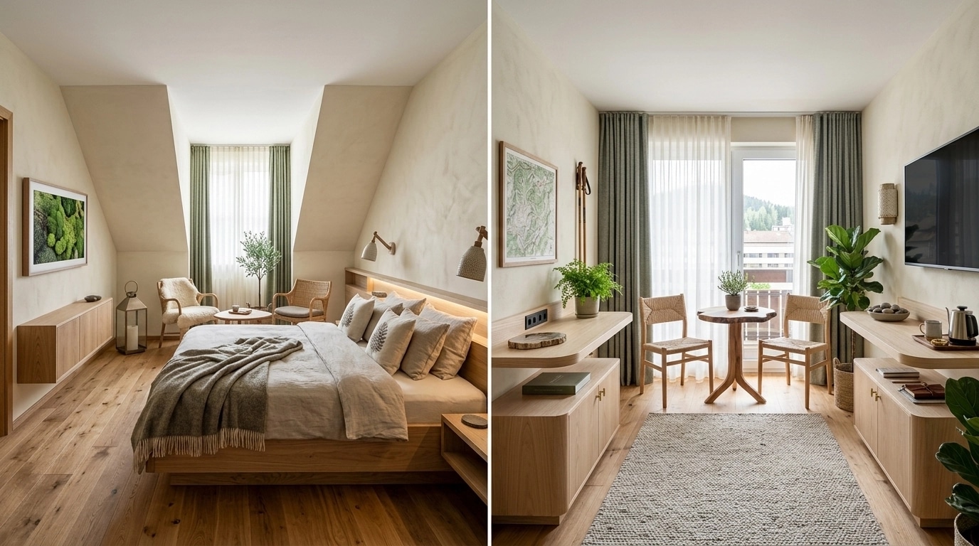 Interior design in Biophilic style — hotel_room by GenRoom AI