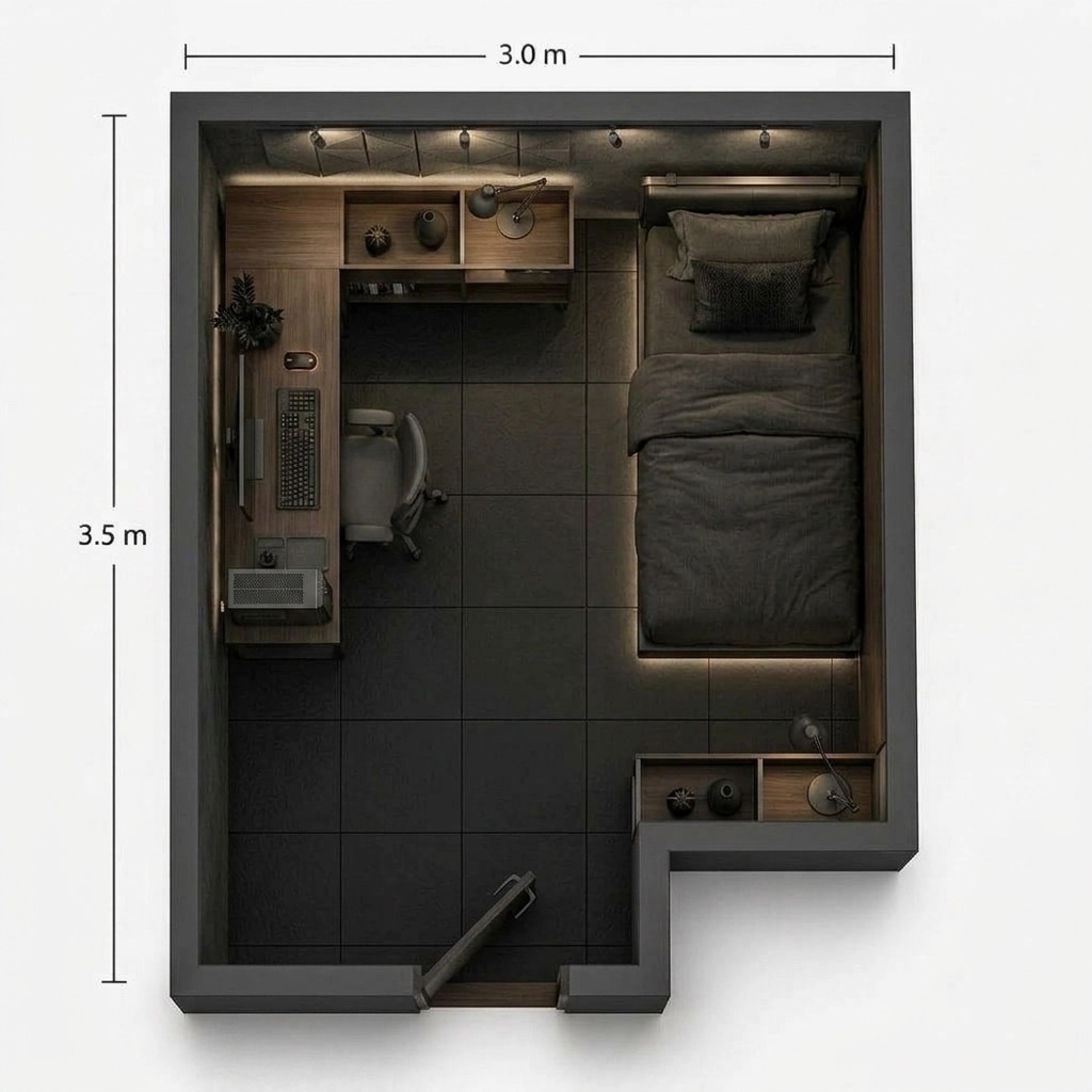 التصميم الداخلي بنمط Blacktec — غرفة النوم من GenRoom AI