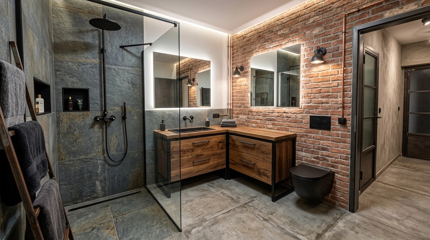 Bathroom interior in Loft / Industrial style — photo by GenRoom AI