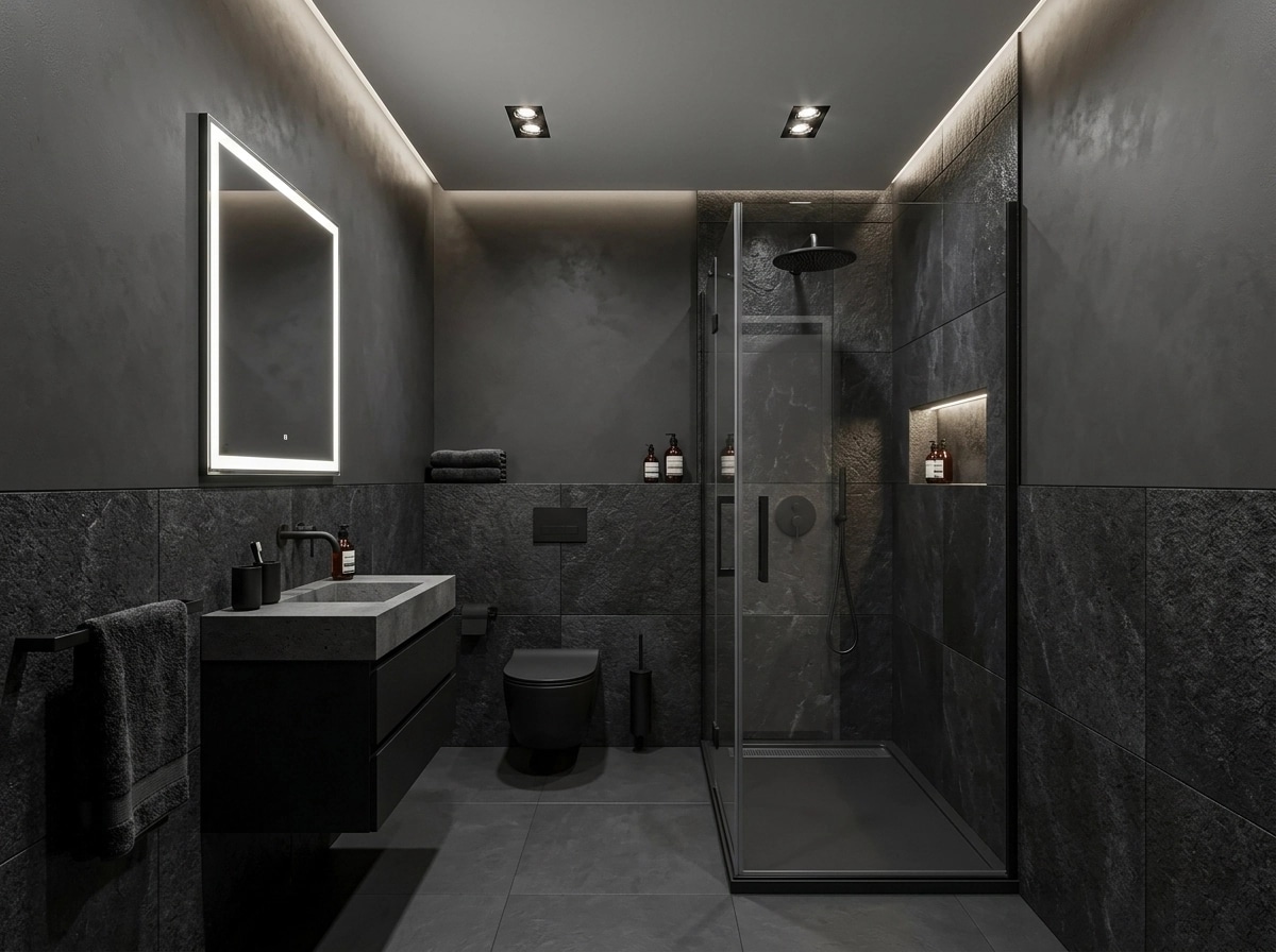 Bathroom interior in Blacktec style — photo by GenRoom AI