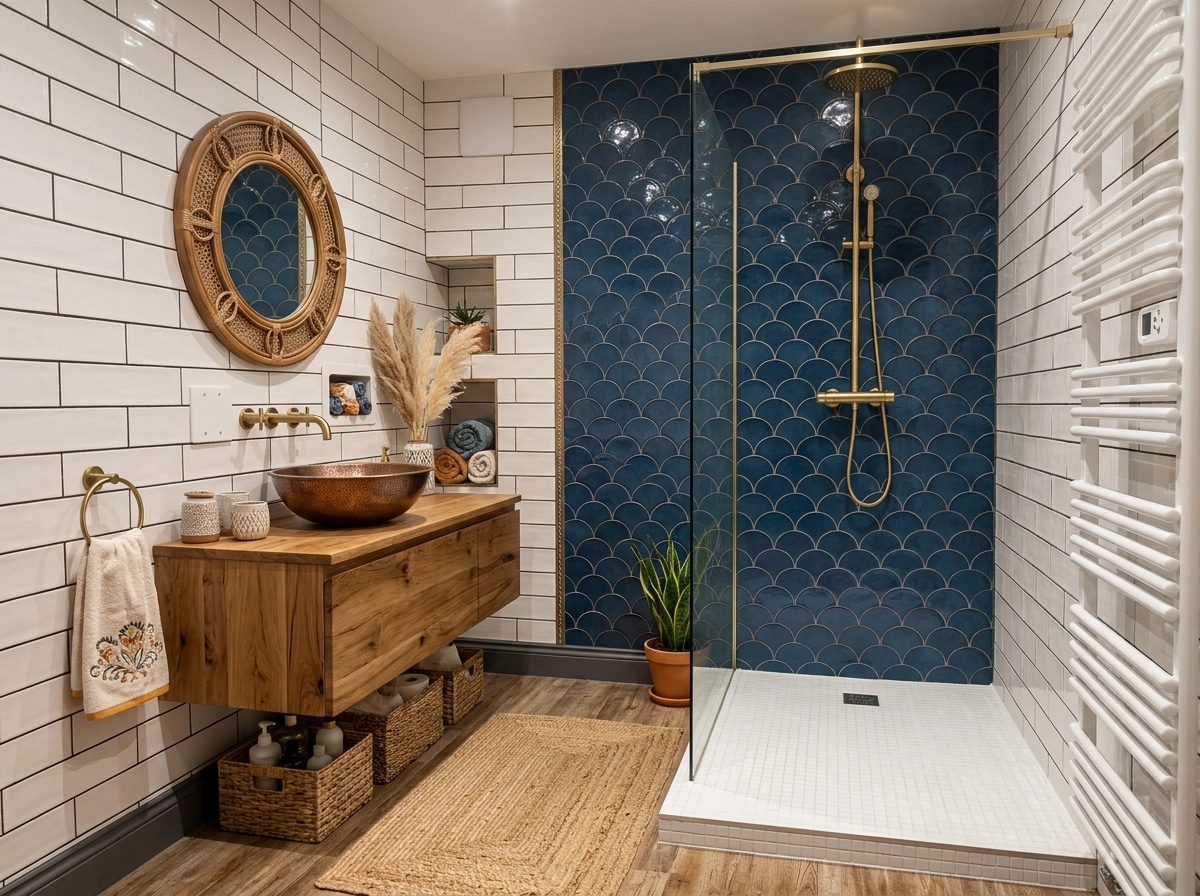 Bathroom interior in Bohemian style — photo by GenRoom AI