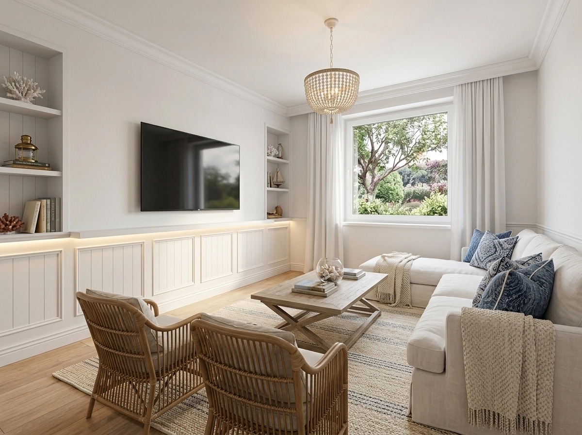 Coastal / Hamptons Living Room design — interior photo by GenRoom AI