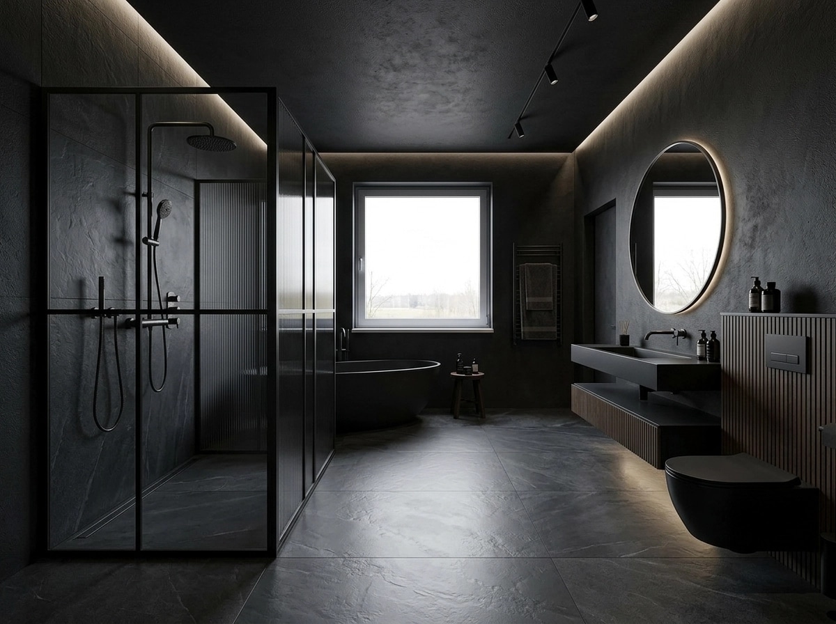 Bathroom interior in Blacktec style — photo by GenRoom AI