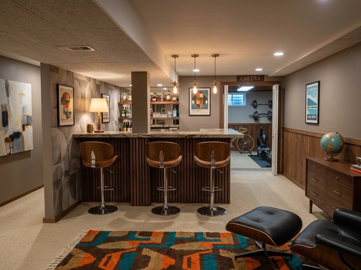 İç mekân tasarımı Mid-Century Modern stili — basement GenRoom AI