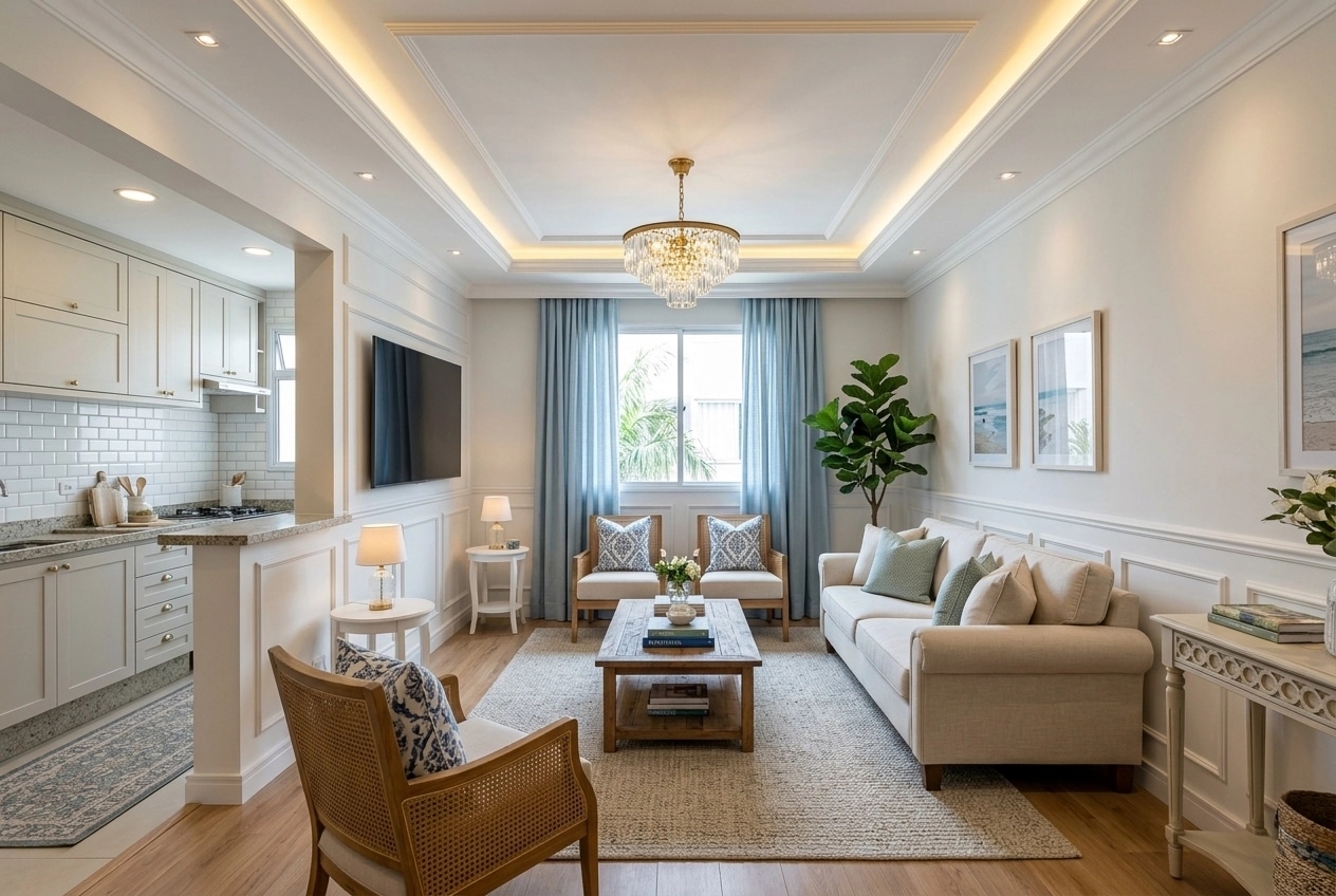 Coastal / Hamptons Living Room design — interior photo by GenRoom AI