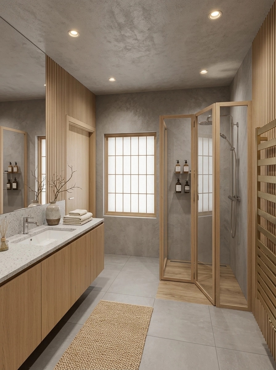 Bathroom interior in Japandi style — photo by GenRoom AI