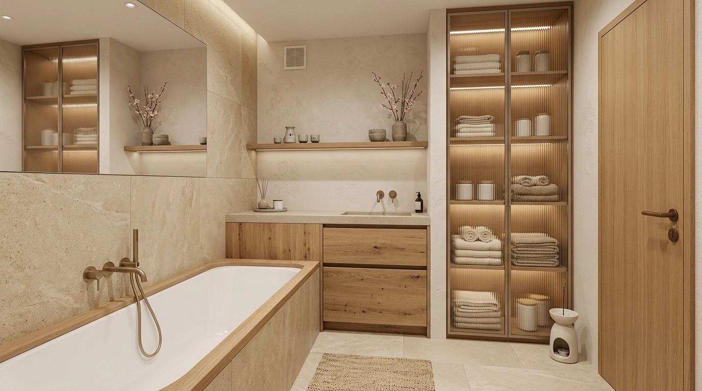 Bathroom interior in Japandi style — photo by GenRoom AI