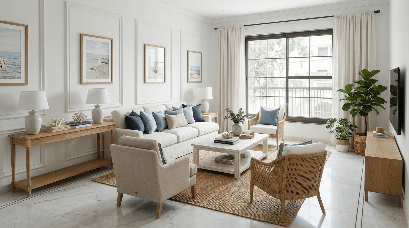 Interieurontwerp in Coastal / Hamptons-stijl — Woonkamer door GenRoom AI