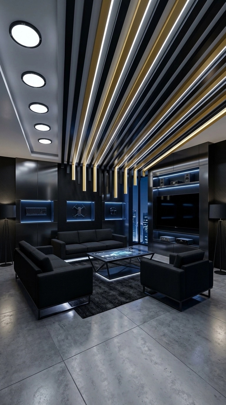 Design d'interni in stile Blacktec — Soggiorno di GenRoom AI