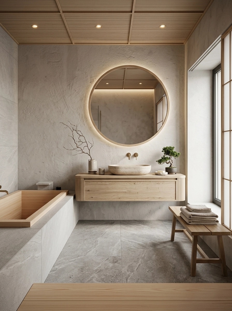 Bathroom interior in Japandi style — photo by GenRoom AI