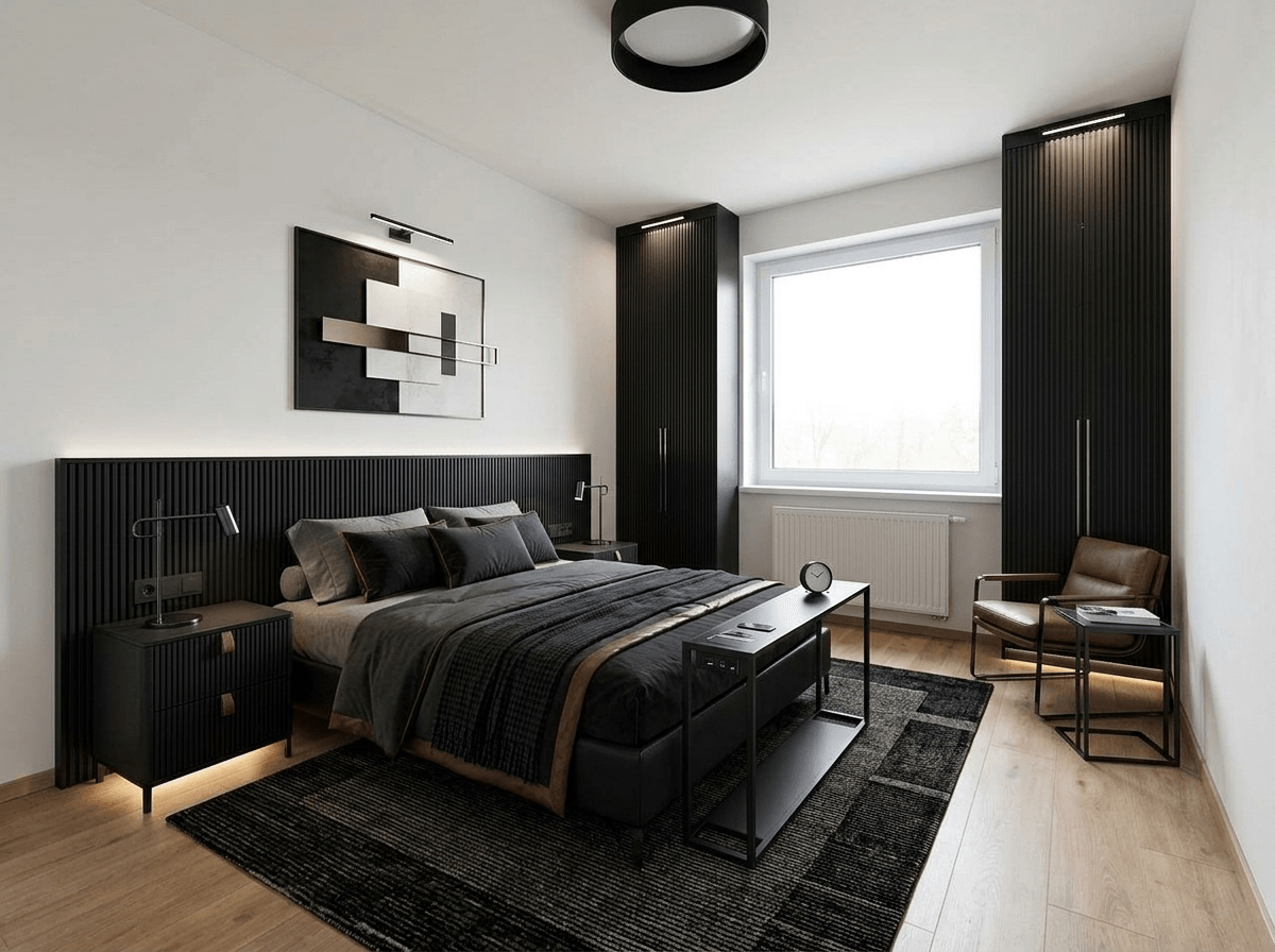 Design d'interni in stile Blacktec — Camera da letto di GenRoom AI