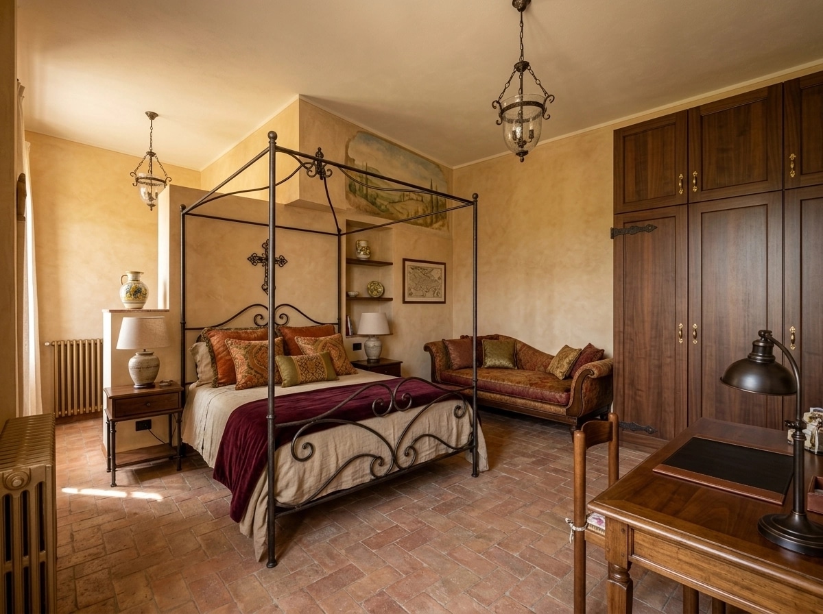Bedroom interior in Tuscan style — photo by GenRoom AI