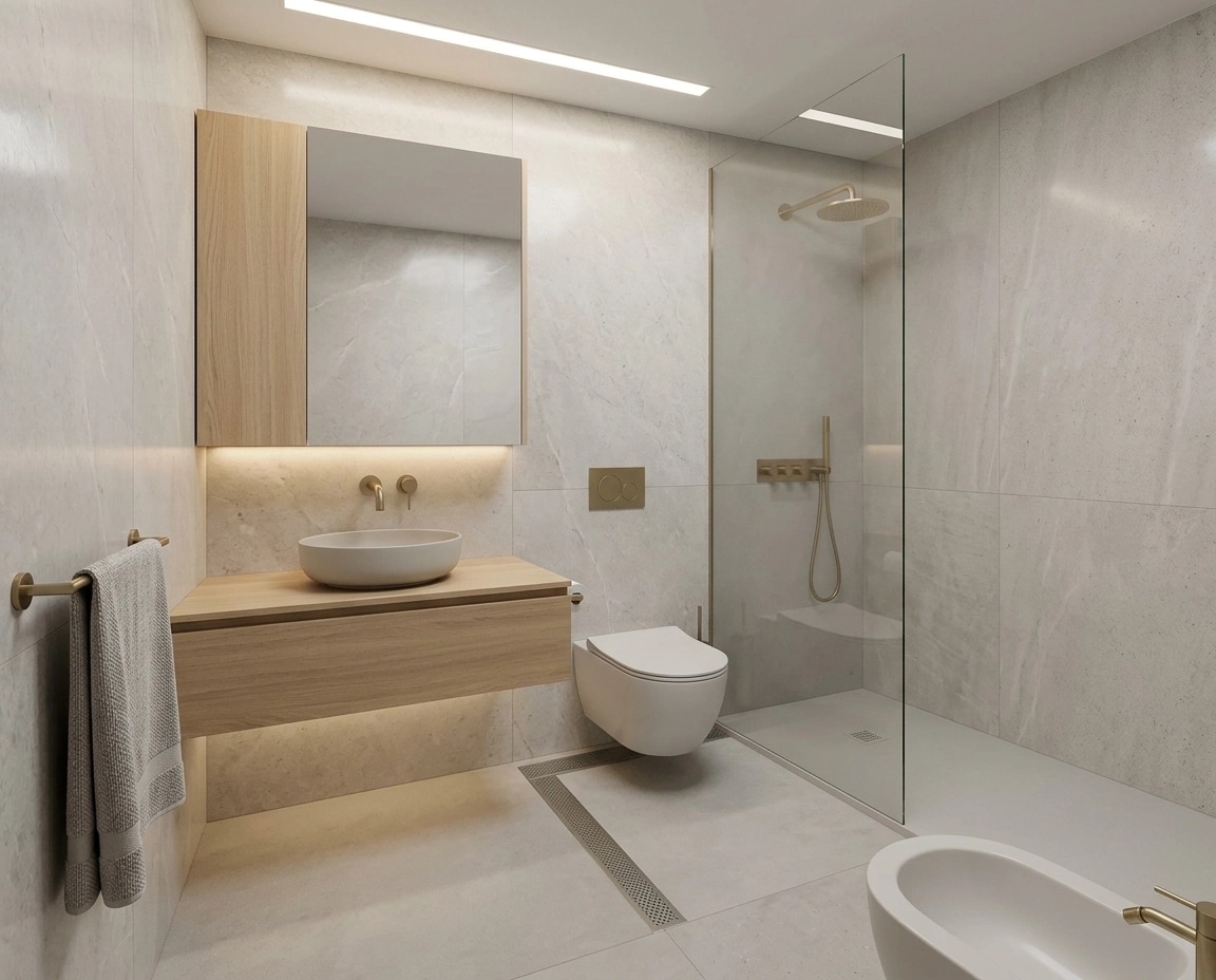 Bathroom interior in Minimalism style — photo by GenRoom AI