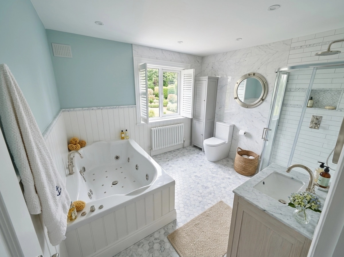 Coastal / Hamptons Kamar Mandi design — interior photo by GenRoom AI