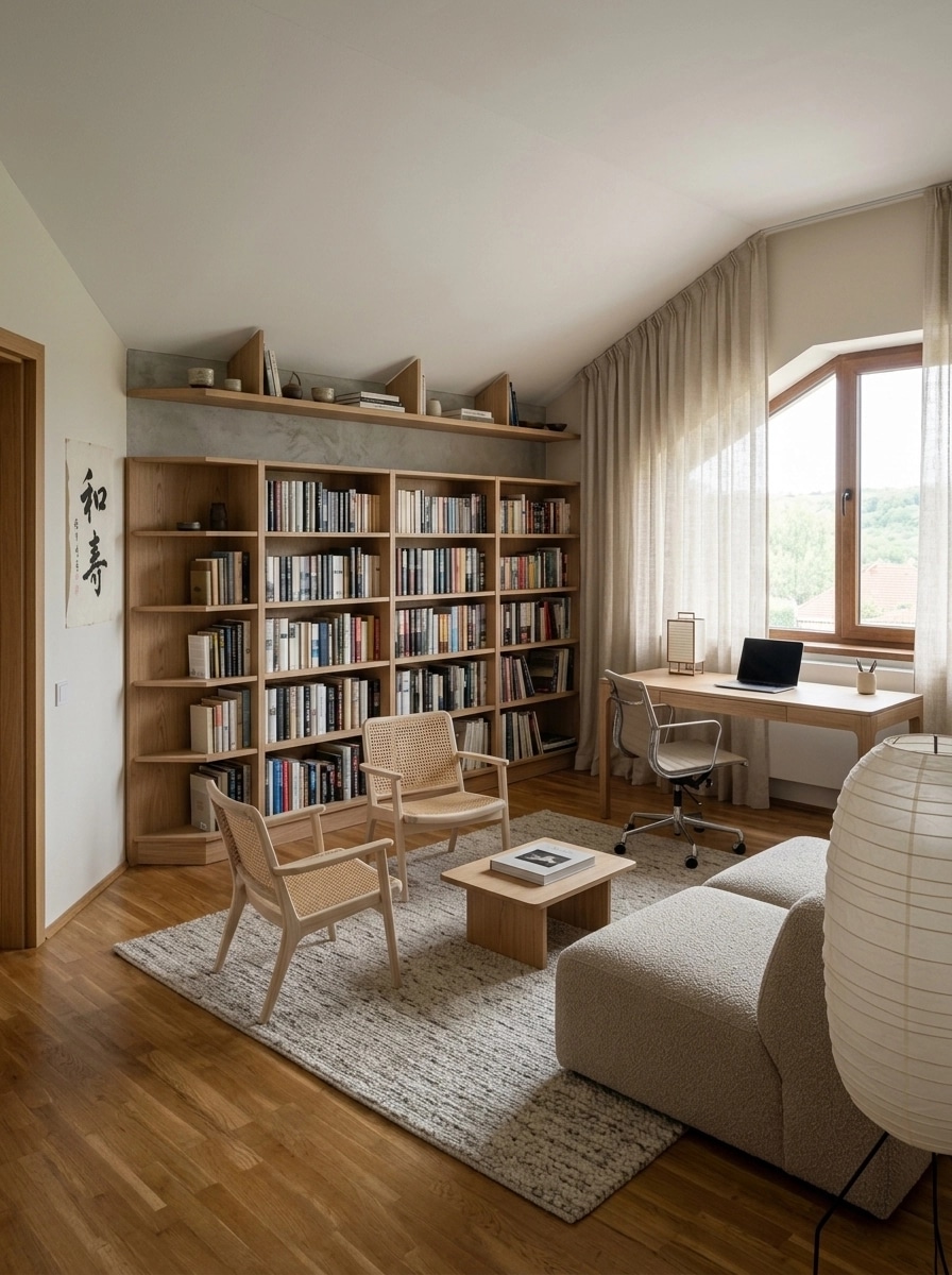 Interior design in Japandi style — library by GenRoom AI