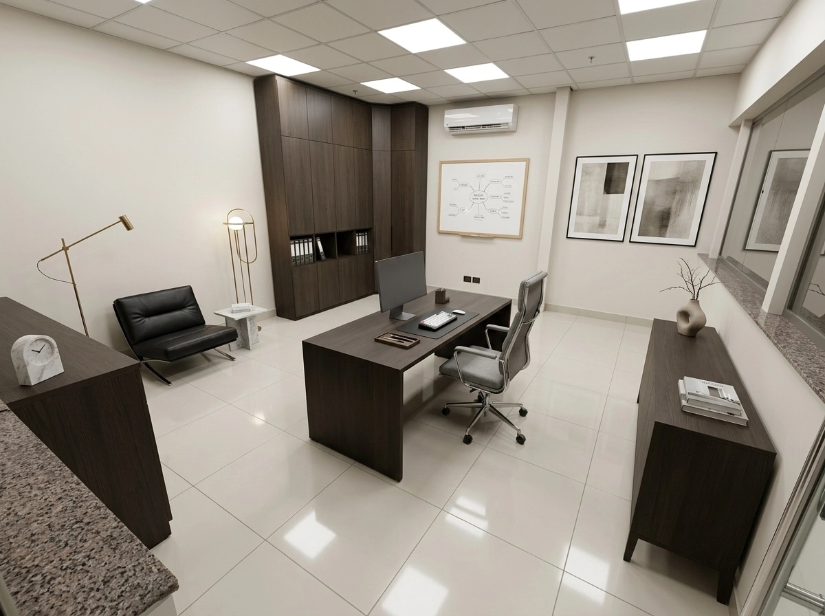 Office interior in Minimalism style — photo by GenRoom AI