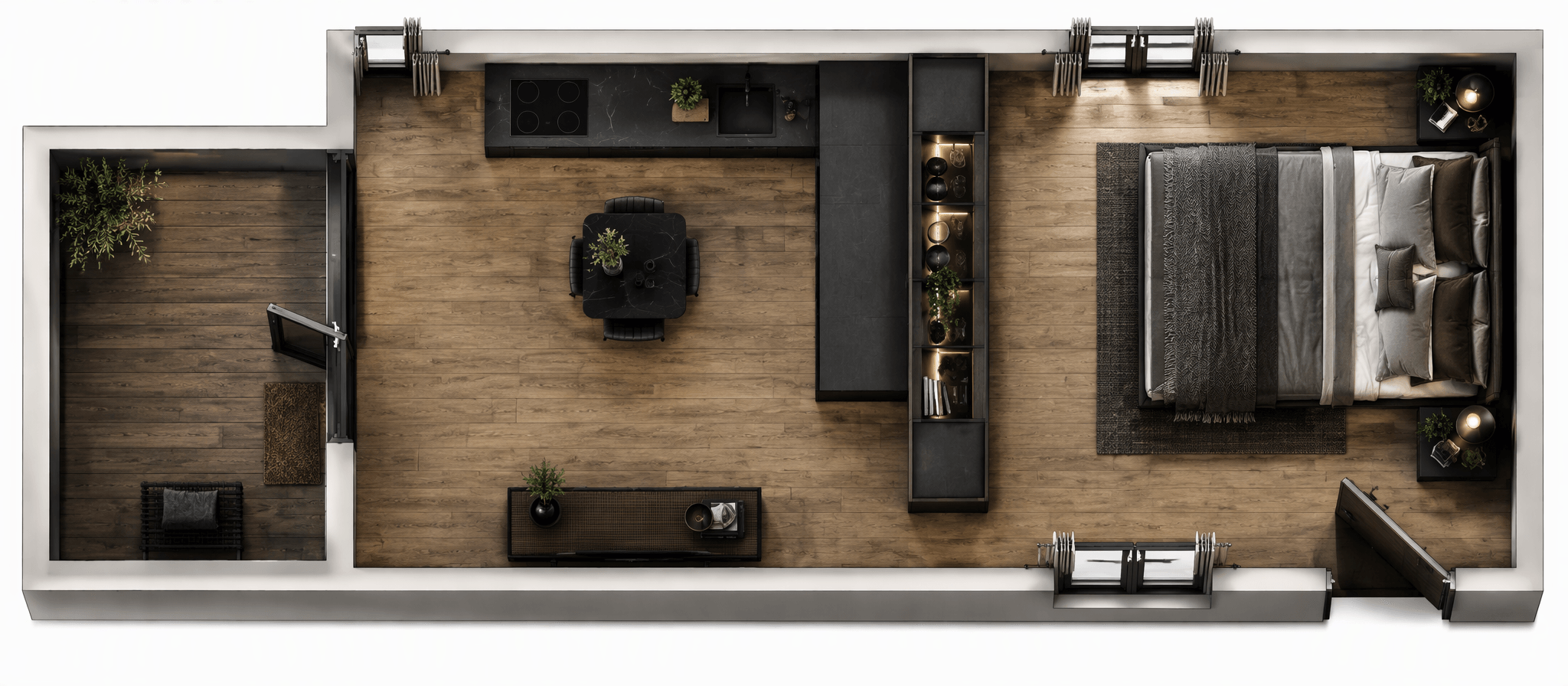Design d'interni in stile Blacktec — Soggiorno di GenRoom AI