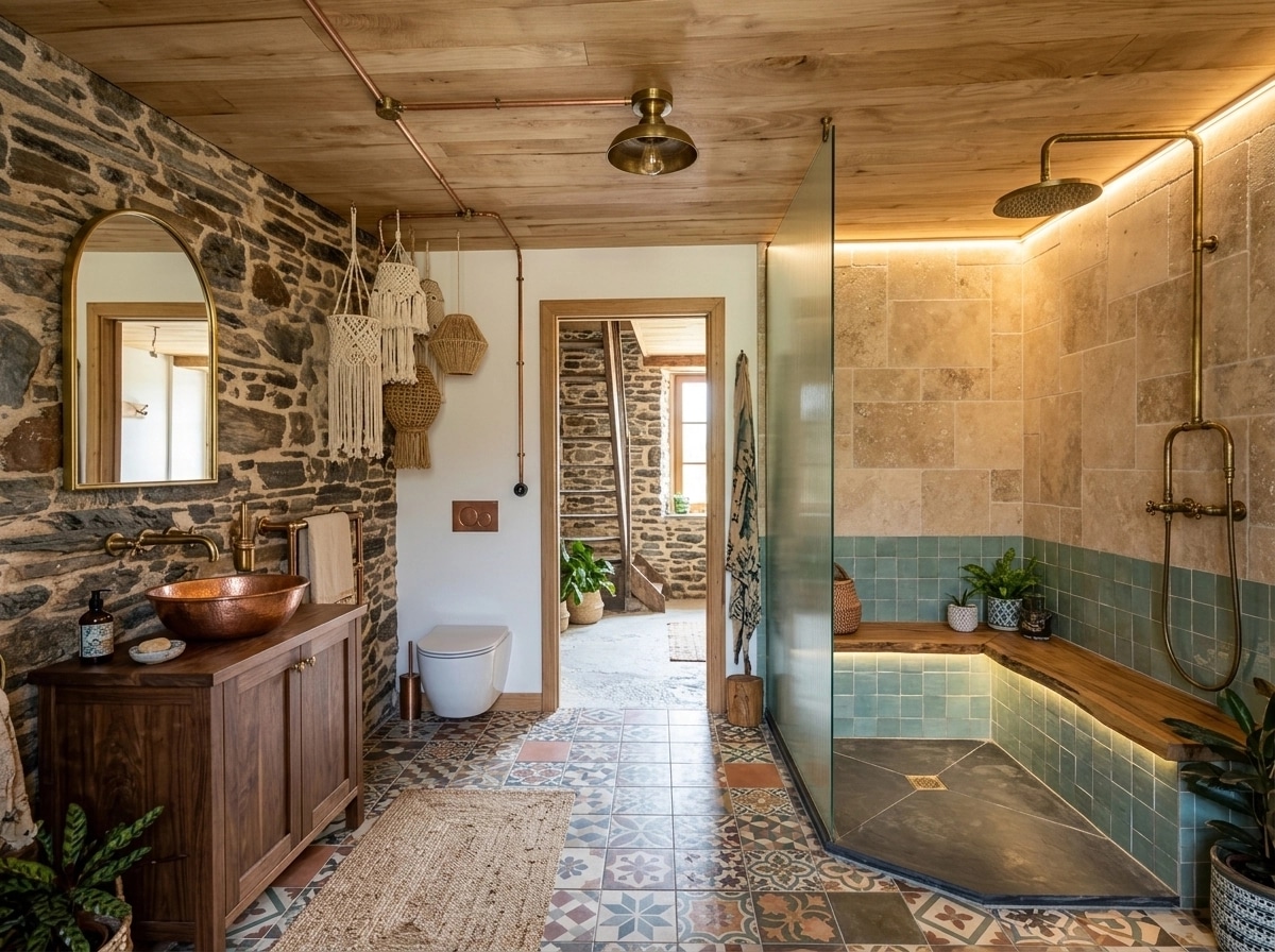 Bathroom interior in Bohemian style — photo by GenRoom AI