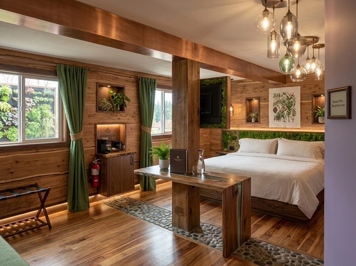 Interior design in Biophilic style — hotel_room by GenRoom AI