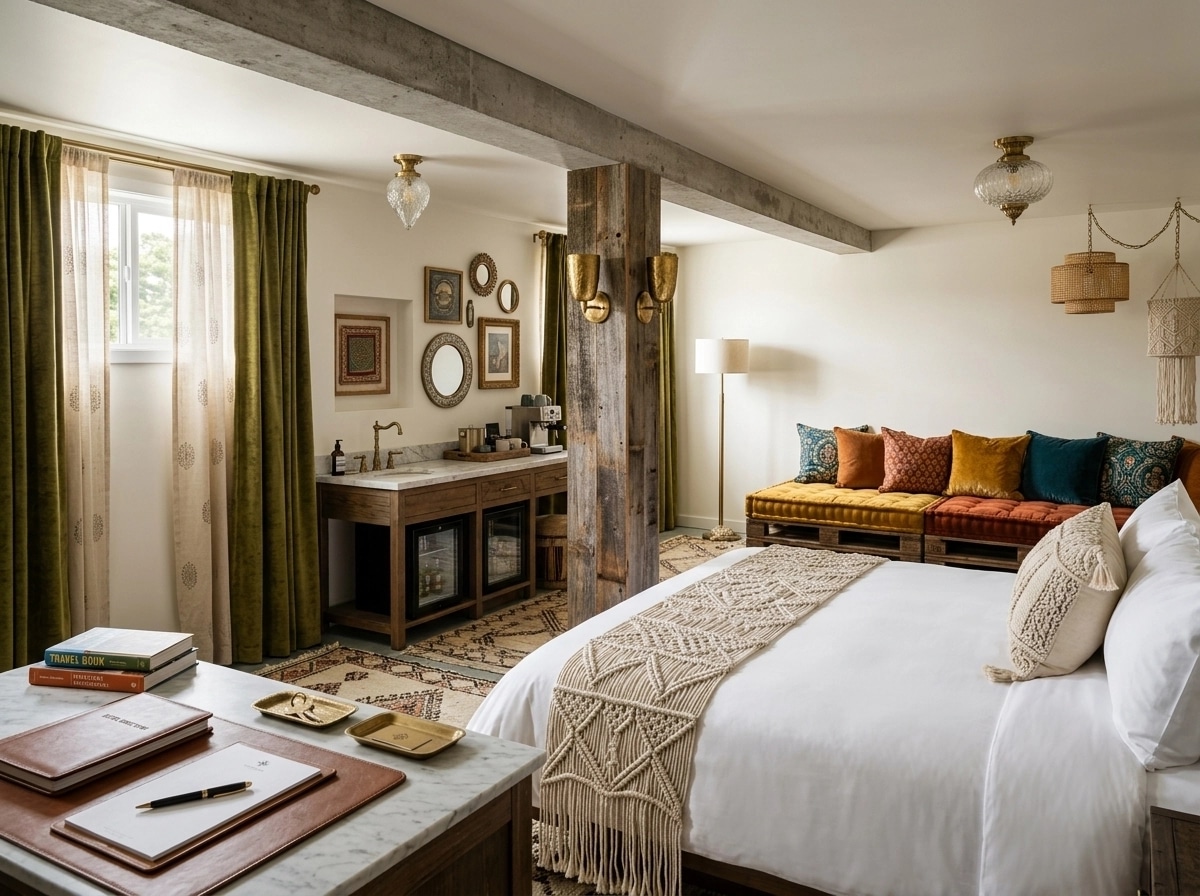 Design d'interni in stile Bohemian — hotel_room di GenRoom AI