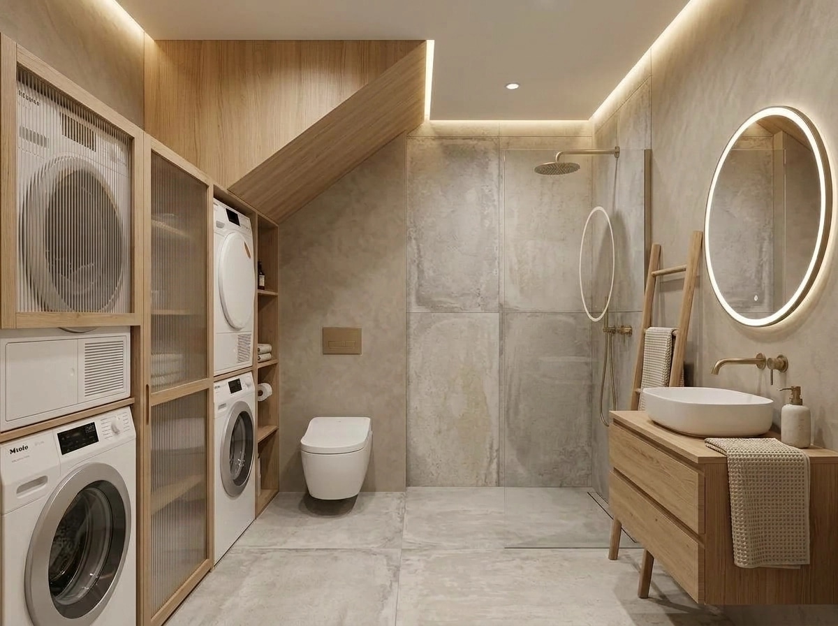 Bathroom interior in Japandi style — photo by GenRoom AI