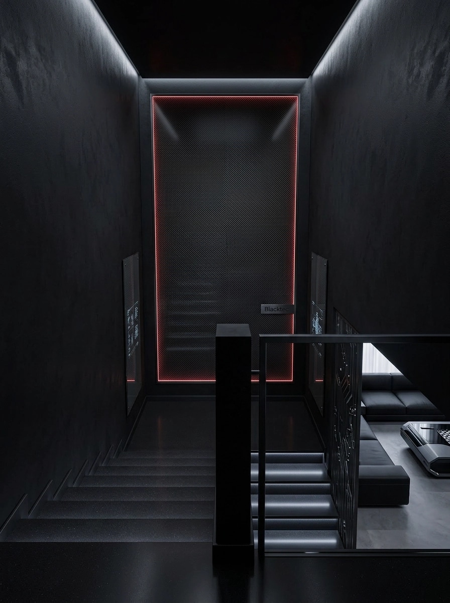 İç mekân tasarımı Blacktec stili — Oturma Odası GenRoom AI