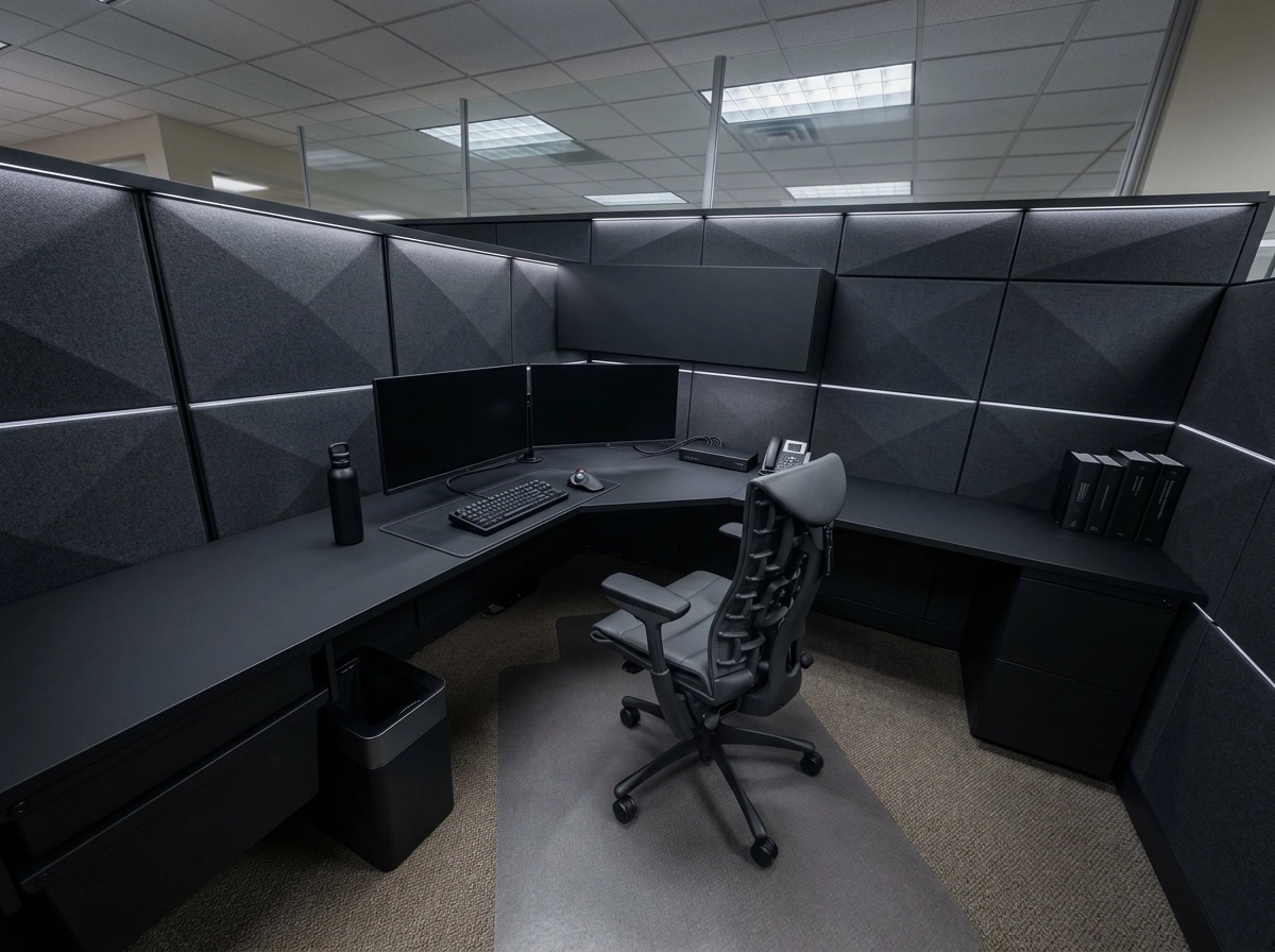 Office interior in Blacktec style — photo by GenRoom AI